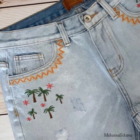 Boho Embroidered Distressed Denim Shorts - Picture 4 of 9